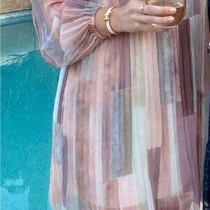 Wilfred Long Sleeve Sheer Stripe Midi Dress in Blush and Taupe